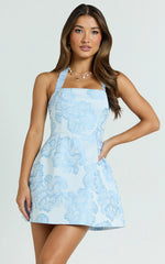 Gabbie Mini Dress Jacquard Halter Fit And Flare Dress in Blue