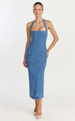 Skye Midi Dress - Halter Neck Panelled Denim Dress in Mid Blue Wash