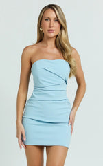 Junaidah Mini Dress Strapless Ruched Dress in Blue