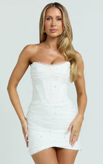Kelsey Mini Dress Beaded Strapless Corset Panel Dress with Detachable Tulle Skirt in White