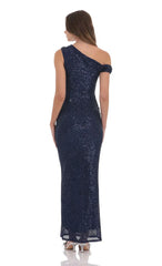 Sequin Off Shoulder Maxi Dress in Navy