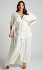 Sitting Pretty Maxi Dress - Short Sleeve Button Down Dress in Natural