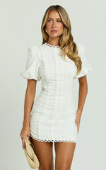 Laila Mini Linen Dress - High Neck Side Cut Out Puff Sleeve Straight Dress in Off White