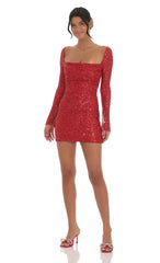 Sequin Long Sleeve Dress in Red