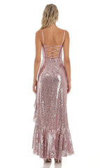 Sequin Ruffle Dress in Rose Gold