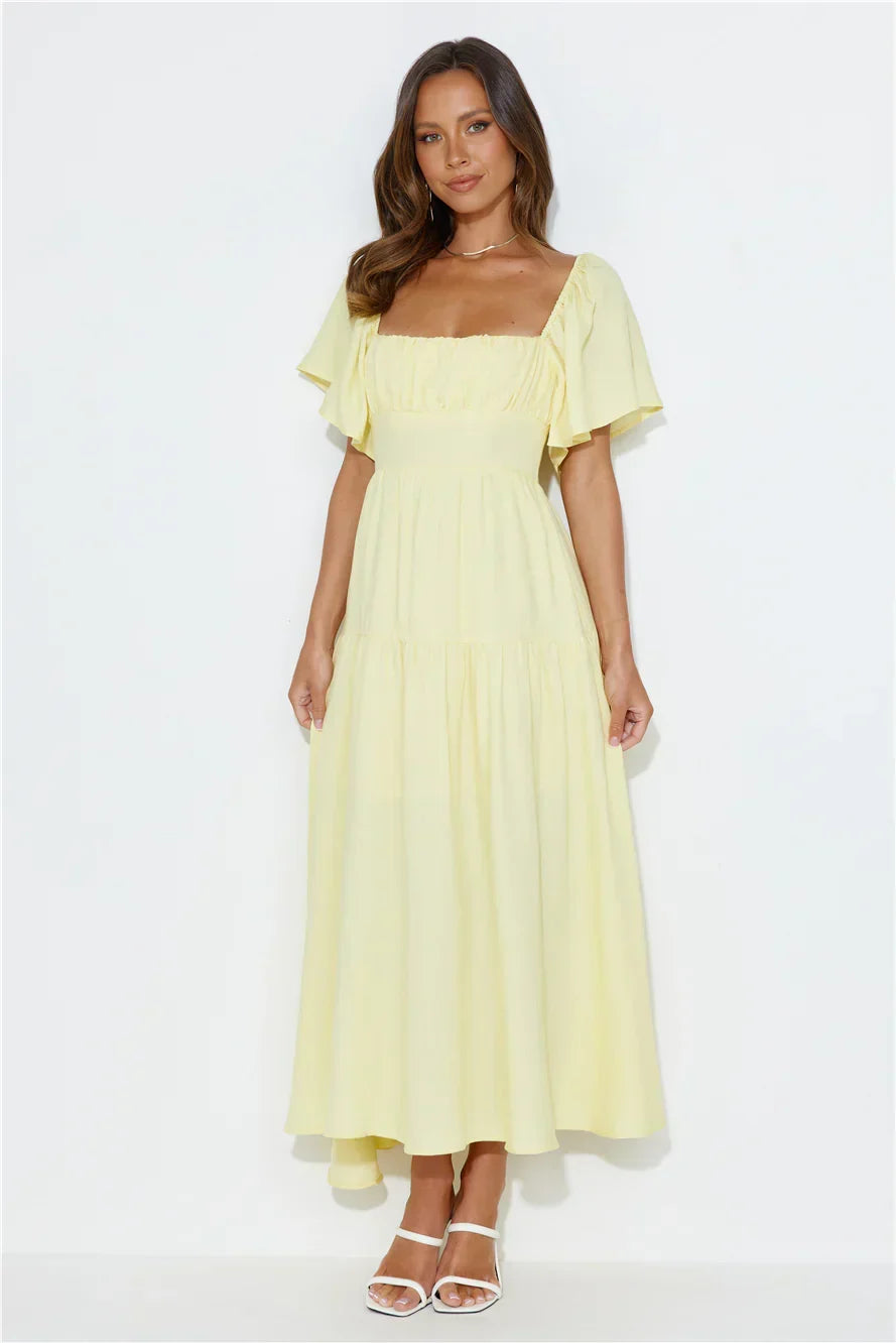 Summertime Heat Puff Sleeve Maxi Dress Yellow