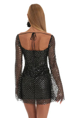 Sequin Floral Bell Sleeve Dress in Black