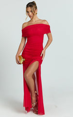 Alanna Maxi Dress - Off Shoulder Ruched Mesh Dress in Red