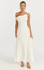 Amber Midi Dress - Off The Shoulder Hardware Detail A Line Dress in White