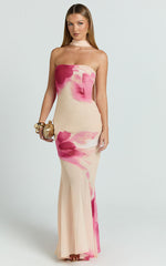 Angie Maxi Dress - Strapless Bias Column Dress with Scarf in Electric Bloom Lemon