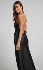 Arichie Maxi Dress - Cowl Back Diamante Strap Satin Dress in Black