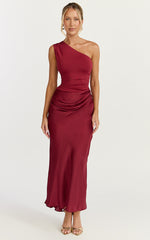 Astrid Midi Dress - One Shoulder Contrast Satin Dress in Wine