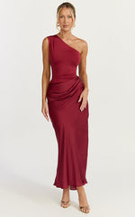 Astrid Midi Dress - One Shoulder Contrast Satin Dress in Wine