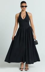 Athena Midi Dress - Halter Drop Waist Dress in Black