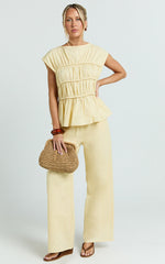 Auric Two Piece Set - Ruched Detail Top and Wide Leg Pants Set in Lemon