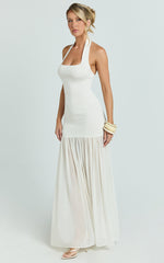 Barbara Maxi Dress - Halter Scoop Neck Contrast Georgette Dress in Ivory