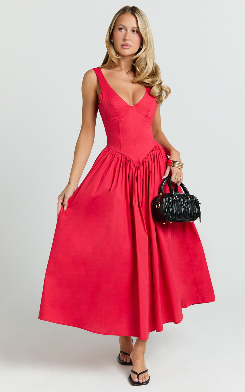 Beckett Midi Dress - Scoop Neck Drop V Waist Gathered Skirt Dress in Red