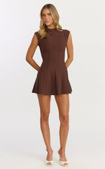 Becky Mini Dress - High Neck Sleeveless Fit And Flare Dress in Chocolate