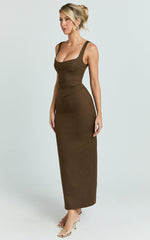Benita Midi Dress - Scoop Neck Ruched Fitted Dress in Chocolate