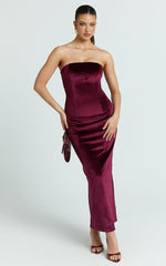 Cartia Midi Dress - Velvet Strapless Bodycon Dress in Wine