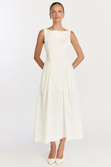 Casina Midi Dress - Boat Neck Tie Back Fit And Flare Dress in Off White