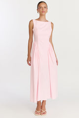Casina Midi Dress - Boat Neck Tie Back Fit And Flare Dress in Pale Pink