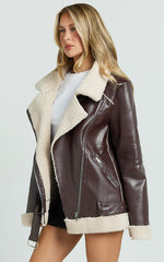 Claudette Jacket - Faux Leather Shearling Oversized Biker Jacket in Dark Chocolate