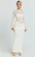 Crisanta Maxi Dress - Long Sleeve Contrast Lace Bodycon Dress in Ivory