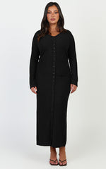 Zayla Midi Dress - Long Sleeve Button Front Bodycon Dress in Black