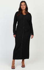 Zayla Midi Dress - Long Sleeve Button Front Bodycon Dress in Black