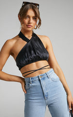 Danielle Bernstein - High Neck Stretch Charmeuse Halter Top in Black