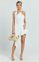 Dottie Mini Dress - Scarf Halter Neck Hardware Detail Panelled Fit And Flare Dress in White