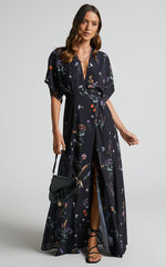 Erenza Maxi Dress - Extended Sleeve Wrap Dress in Black Flower Field