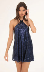 Sequin Halter Dress in Blue