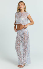 Gemmalyn Two Piece Top and Skirt Set - Sequin Lace Top And A Line Midi Skirt in Pink