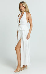 Heidi Midi Dress - Deep V Plunge Halter Neck Brooch Detail Split Skirt Dress in White