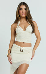 Imani Two Piece Top and Skirt Set - Hardware Detail Strappy Jersey Top And Asymmetric Mini Skirt Set in Off White