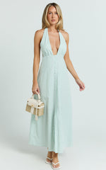 Jeienn Midi Dress - Ruched Shoulder Bodice A Line Placket Front Skirt Dress in Mint Stripe