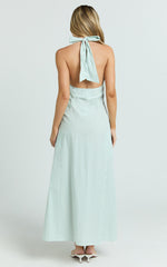 Jeienn Midi Dress - Ruched Shoulder Bodice A Line Placket Front Skirt Dress in Mint Stripe