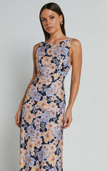Jenibelle Midi Dress - Boat Neck Open Back Sleeveless Bias Cut Slip Dress in Mellow Floral