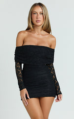 Jensen Mini Dress - Off Shoulder Stretch Lace Bodycon Dress in Black