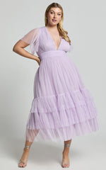 Jiraye Midi Dress - Flutter Sleeve Tuelle Plunge Dress in Lilac