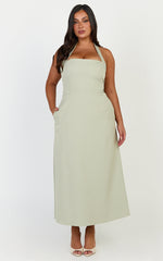 Karissa Midi Dress - Halter Neck Fitted Bodice Midi Soft A Line Skirt Dress in Pistachio