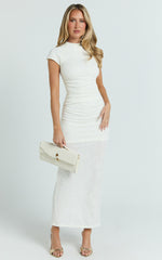 Kayrene Midi Dress - Short Sleeve Jacquard Dress in Cream