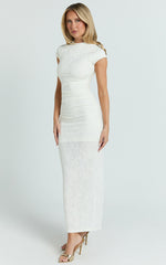 Kayrene Midi Dress - Short Sleeve Jacquard Dress in Cream