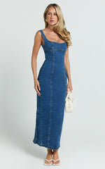 Kristie Midi Dress - Wide Neck Corset Detail Denim Dress in Dark Blue Wash