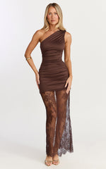 Lara Maxi Dress - One Shoulder Lace Contrast Dress in Chocolate