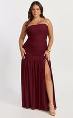Lara Maxi Dress - Strapless Ruched Mesh High Leg Split Dress in Wine