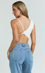 Lausanne Top - Asymmetric Jersey Backless Top With Hardware Detail in Off White