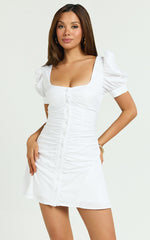 Mya Mini Dress - Scoop Neck Ruched Button Front Puff Sleeve Dress in White